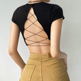 Camiseta de mujer con cuello redondo y espalda descubierta, top corto de manga corta de color liso, bonita camiseta de verano para bebé, ropa Y2K, túnicas ajustadas, tops de moda